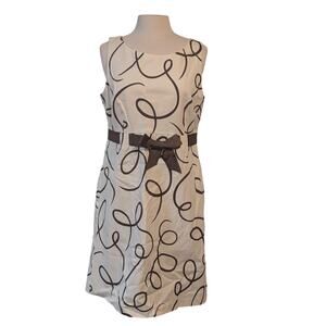 Kim Rodgers Size 14 vIvory Brown Abstract Print Sleeveless Dress Lined Bow Waist